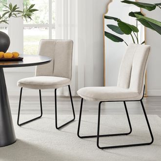 Furniturebox Set of 2 Modern Chic Deep Padded Soft & Durable Stitched Fabric & Black Powder Coated Metal Leg Dining Chairs in Cream