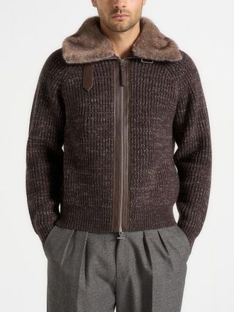 Mani&egrave;re De Voir Ariel Unisex Plush Collar Speckled Knit Jacket in Brown at Nordstrom, Size X-Small