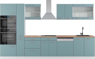 Vicco Mueble De Cocina R-line, Azul-gris-blanco, 350 Cm Con Armario Alto, Et Roble