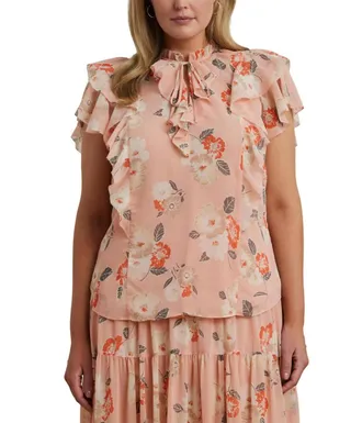 Ralph Lauren Floral Ruffle-Trim Georgette Blouse In Pink Multi