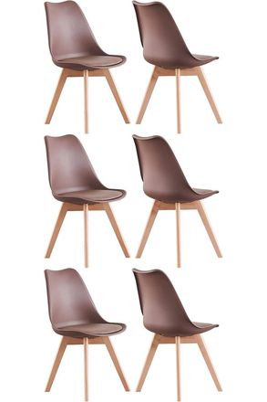 Life Interiors Set of 6 Scandinavian Dining Chairs Leather Cushions Solid Wood Legs in Brown