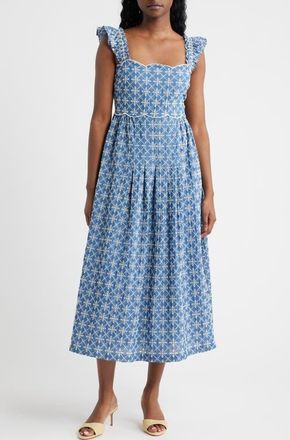 Moon River Embroidered Flutter Sleeve Cotton Blend Midi Dress in Blue at Nordstrom, Size X-Large