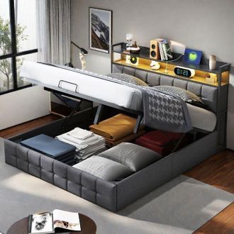 OEM Cama 140x190 Cm - Cama Con Cofre Y Led Y Usb - Cama Doble 140x190 Cm Con Cofre De Almacenamiento Y Cabecera - Cama Para 2 Personas - Gris
