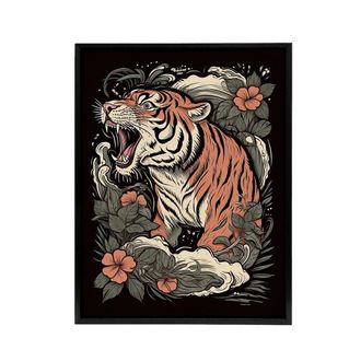 Artery8 Roaring Tiger Old School USA Tattoo Framed Canvas Wall Art Print in Orange | Size: W24 x H32