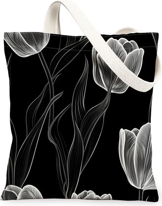 Generic Spring Tulip Flower Canvas Tote Bag for Shopping 13x15, Black Floral Wildflower Reusable Grocery Print Pattern Bag for Women, Aesthetic Retro Beach Ae