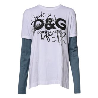 Dolce & Gabbana White Graphic Print Cotton Crew Neck Mens T-shirt