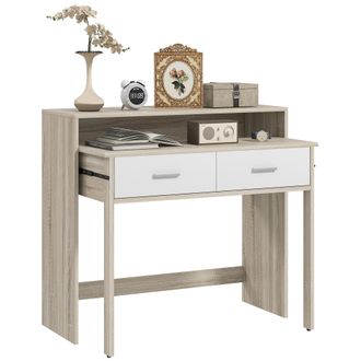 OEM Mesa Consola Escritorio Extensible De 2 Niveles Con Rieles Deslizantes 2 Cajones Y 2 Ruedas 95x35x87 Cm Roble