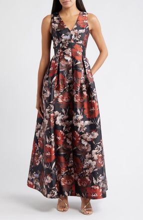 Julia Jordan Floral Sleeveless Gown in Black Rust at Nordstrom, Size 14