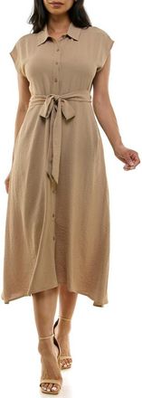 Nina Leonard Tie Waist Midi Shirtdress in Tan at Nordstrom Rack, Size X-Large
