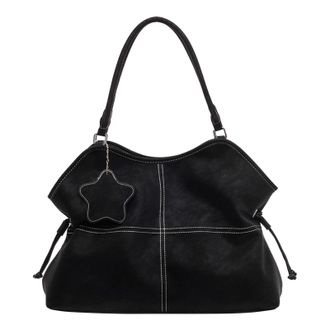 Generic Women Girls PU Leather Single Shoulder Handbag Solid Color Shoulder Bag for School Work Daily Use-Black