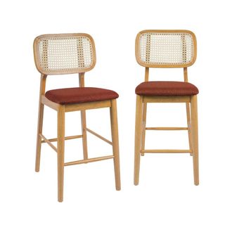 Sweeek Taburete de bar de madera de hevea con rejilla y tela, set de 2