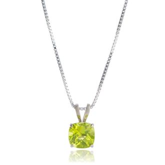 MAX + STONE 14k White Gold 8mm Cushion Cut Gemstone Pendant Necklaces with 18 inch Box Chain