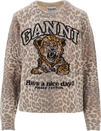 Ganni Wool-blend sweater with leopard motif Woman XS
