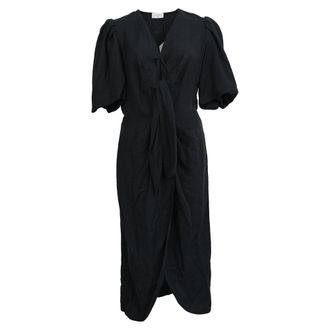 Sandro Sandro Puff Sleeve Tie Front Midi Dress in Black Linen