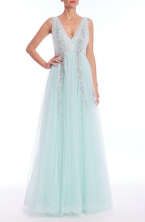 Badgley Mischka Bead Detail Tulle Ballgown in Hydra Blue at Nordstrom, Size 10