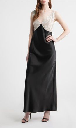 Wayf Ottilie Lace Bodice Open Back Satin Gown in Black at Nordstrom, Size X-Large