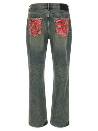 Purple Distressed Quilted-Insert Bootcut Jeans - Blue