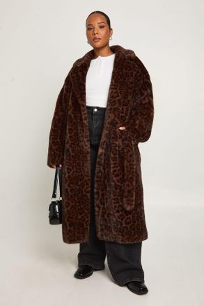 Boohoo Womens Plus Tie Waist Faux Fur Longline Jacket - Leopard - Size 16 UK