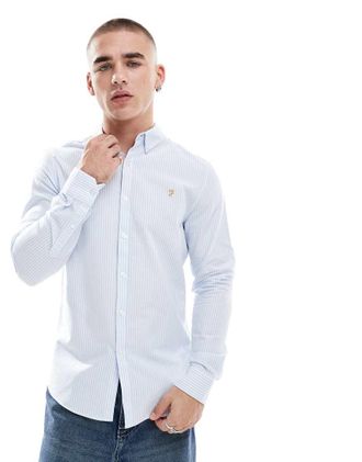Farah brewer stripe long sleeve shirt in navy and white-Blue