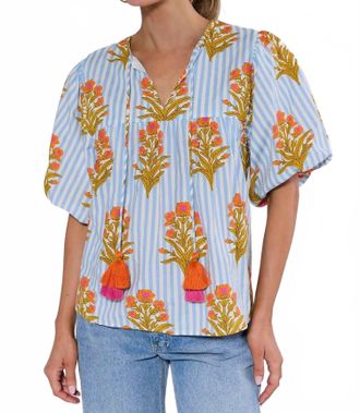 THML Clothing Puff Sleeve Floral Striped Top In Blue