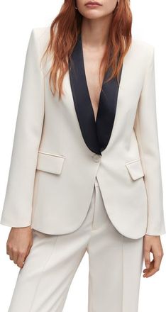 Mango Contrast Shawl Collar Structured Blazer in White at Nordstrom, Size Medium