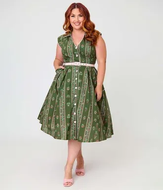 Unique Vintage Plus Size Shirt Swing Dress in Green Floral Stripe at Nordstrom, Size 4X