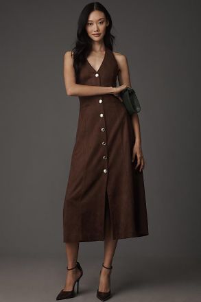 endless rose Faux-Suede Halter V-Neck Midi Dress