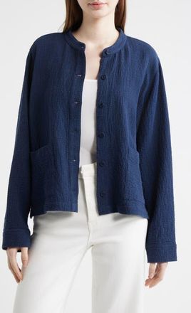 Eileen Fisher Mandarin Textured Stretch Organic Cotton Shirt Jacket in Ink at Nordstrom, Size Xx-Small