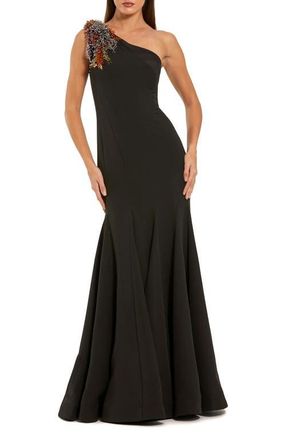 Mac Duggal Crepe One Shoulder Beaded Mermaid Gown in Black Multi at Nordstrom, Size 14
