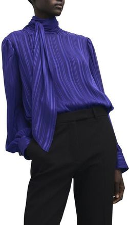Mango Striped Satin Tie Neck Button Front Top in Blue at Nordstrom, Size 6