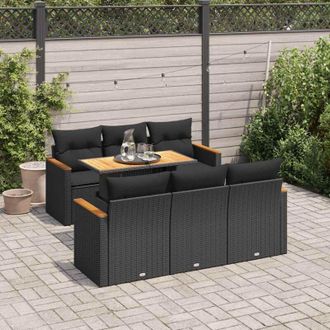vidaXL Set Sof&aacute;s Jard&iacute;n Y Cojines 7 Pzas Rat&aacute;n Sint&eacute;tico Acacia Negro Vidaxl