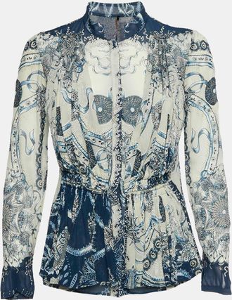 Roberto Cavalli White/blue Floral Print Silk Chiffon Top