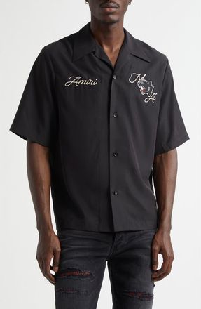 Amiri Panther Patch Bowling Shirt in Black at Nordstrom, Size Xxx-Large