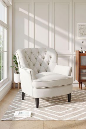 H&O Direct Classic Buttoned Back Linen Armchair with Wooden Legs in Beige