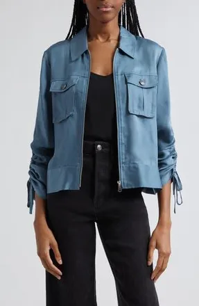 Cinq &agrave; Sept Dale Ruched Sleeve Cupro Satin Jacket in Midnight Rain at Nordstrom Rack, Size 2
