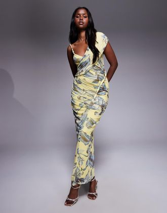 Asos Vestito lungo monospalla arricciato in rete stampata gialla a fiori-Multicolore