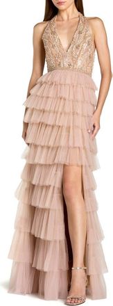 Mac Duggal Beaded Tulle Sleeveless V Neck Ruffle Column Gown in Nude at Nordstrom, Size 10