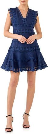 endless rose Plunge Neck Tiered Lace Linen & Cotton Dress in Navy at Nordstrom, Size Medium