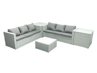 Fimous Rattan Garden Outdoor Furniture Set 6 Seater Rattan Garden Sofa Set with 2 Side Tables Light Grey Mixed
