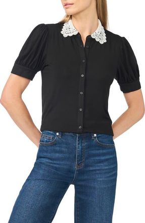 CeCe by Cynthia Steffe Scalloped Lace Collar Short Sleeve Shirt in Black/white at Nordstrom, Size X-Large