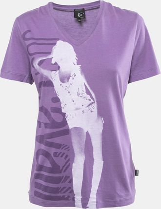 Just Cavalli Purple Printed Cotton V-Neck T-Shirt