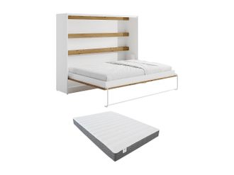 Vente-Unique Cama abatible 140 x 200 cm - Apertura horizontal manual - Con LEDs - blanco y natural + Colch&oacute;n - RAPILI