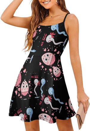 Generic Mr Sperm Meet Ms Egg Womens Summer Dresses Spaghetti Strap Dress Mini Dress Swing Short Dress L Black