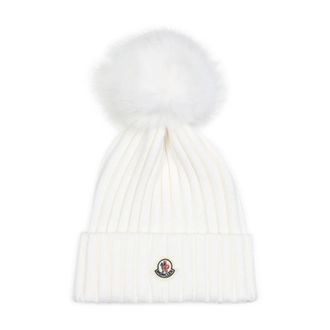 Moncler Accessoires, Dames, Wit, ONE Size, Wol, Virgin Wool Hat in Natuurlijke Kleur