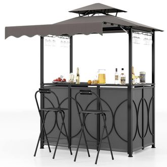Costway Costway Grill Gazebo w/ Awning Outdoor BBQ Canopy w/Table & 2 Foldable Chairs in Grey