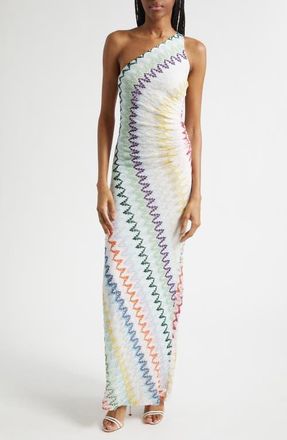 Missoni Metallic Zigzag Raschel Knit One-Shoulder Dress in Multicolor On White Base at Nordstrom, Size 4 Us