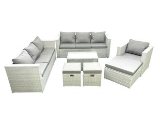 Fimous Wicker PE Rattan Sofa Garden Furniture Set with Armchair Oblong Coffee Table 3 Footstools Light Grey Mixed