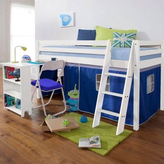 N&ouml;a & Nani Moro Cabin Bed Midsleeper with Pullout Desk & Blue Tent in White | Size: Single