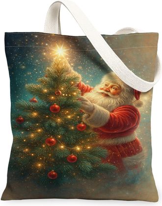 Generic Christmas Canvas Tote Bags, Festive Holiday Tree Design Reusable Grocery Bags, Vintage Art Lightweight Washable Shoulder St, Multicolor, 13x15 Inch