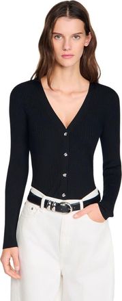 Sandro Ribbed cardigan with fancy buttons in Black at Nordstrom, Size X-Large